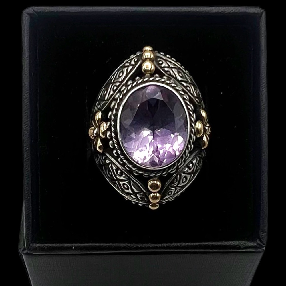 Samuel Benham Sterling Silver Solid 18k Yellow Gold Amethyst Two Tone Ring 5